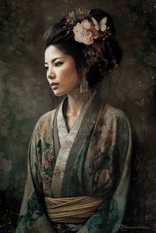 Misaki is een portret van een vrouw in een kimono met een subtiel patroon, met lichte bloemen in haar haar.