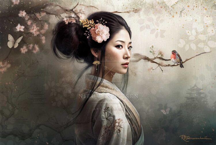 Inori toont een vrouw in een lichte kimono, omringd door bloeiende takken en vlinders, met een klein vogeltje dichtbij.