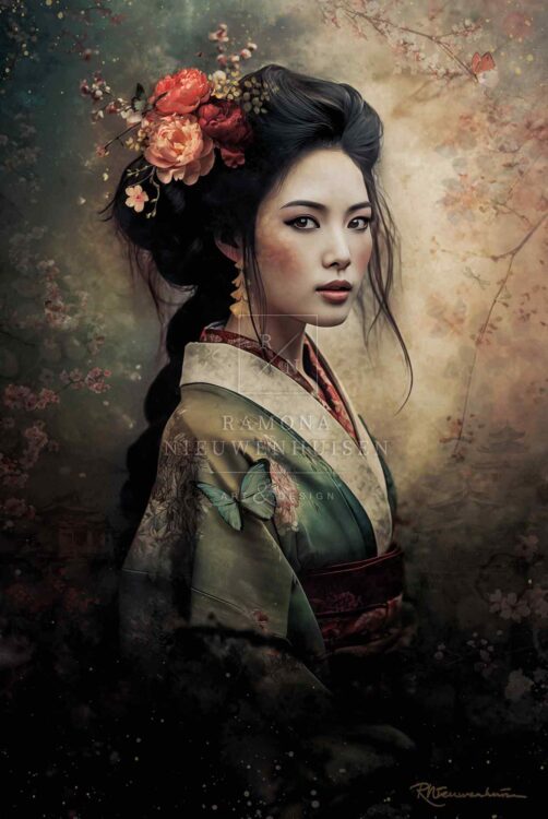 Namari toont een vrouw in een groene kimono met patroon, met rode en crèmekleurige bloemen in haar haar.