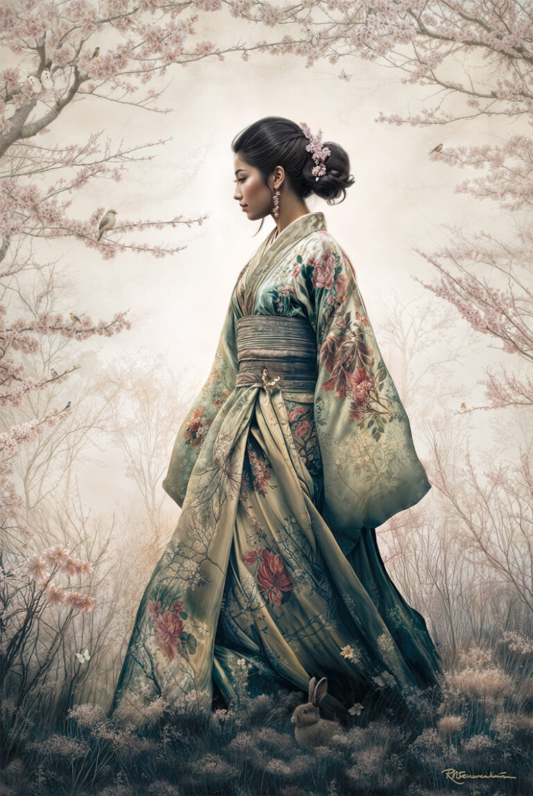 Ayamé toont een vrouw in een kimono met bloemenpatroon onder bloeiende takken.