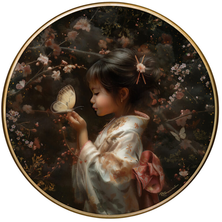 Maya is een rond portret van een meisje in een lichte kimono, met een vlinder in haar hand.