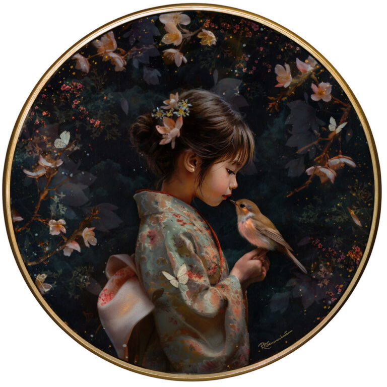 Miyu is een rond portret van een meisje in een kimono met bloemenpatroon, met een klein vogeltje in haar hand.