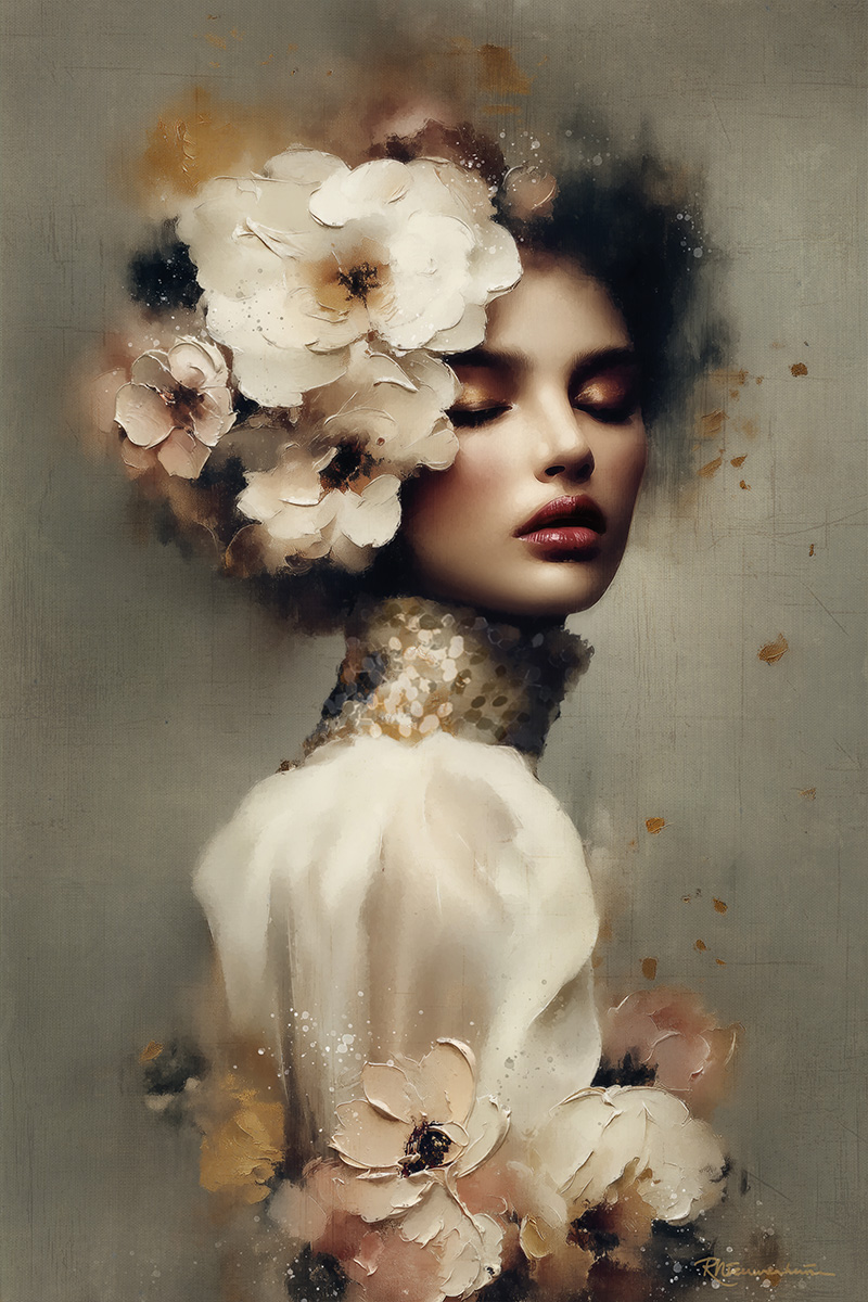 Vivienne is een portret van een vrouw in lichte kleding, met grote crèmekleurige bloemen naast haar gezicht.