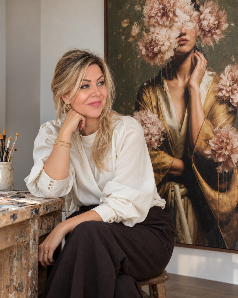 Ramona Nieuwenhuisen naast een van haar portretten met bloemen