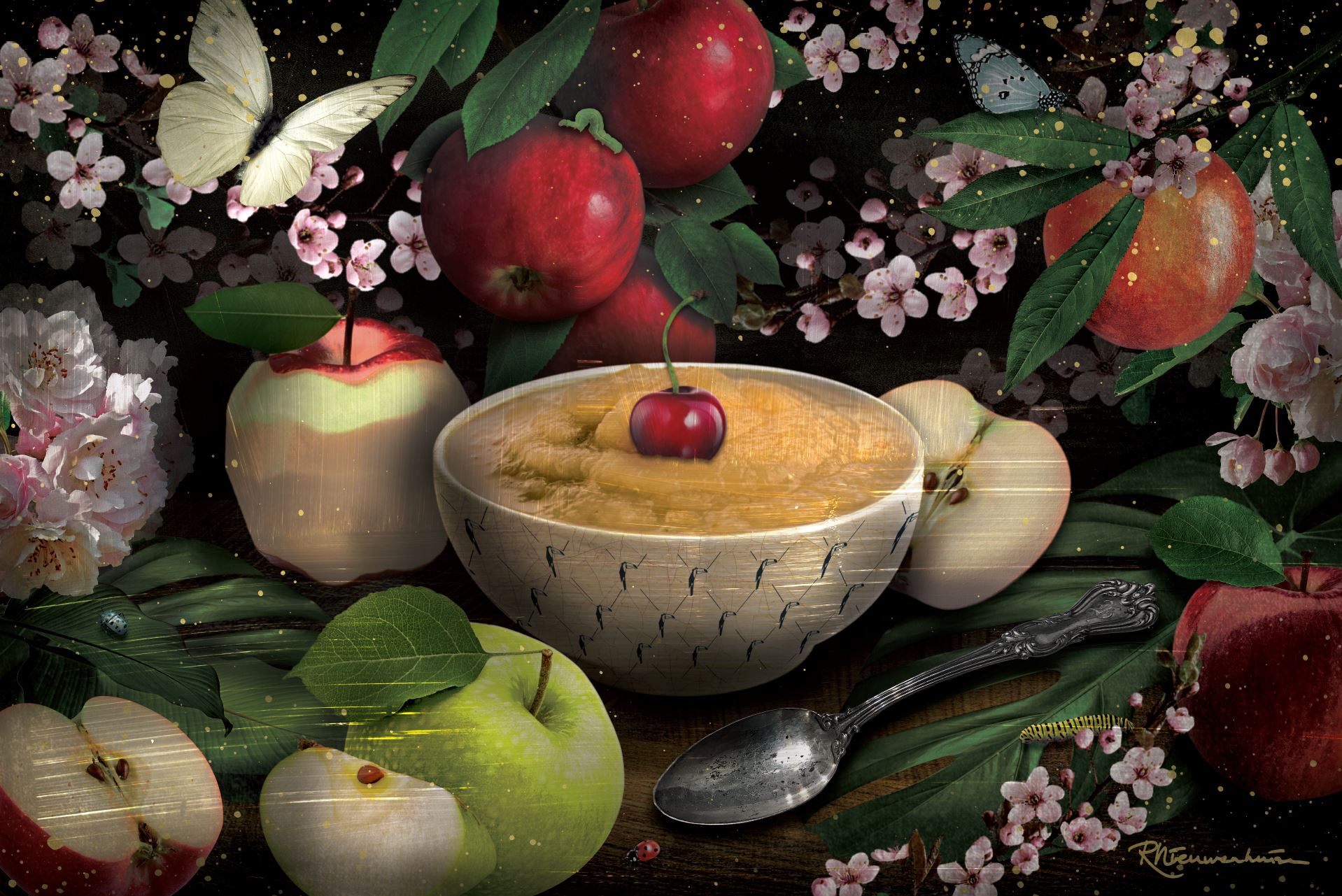 Appelmoes artwork with apples, blossom, butterflies and a bowl of applesauce topped with a cherry