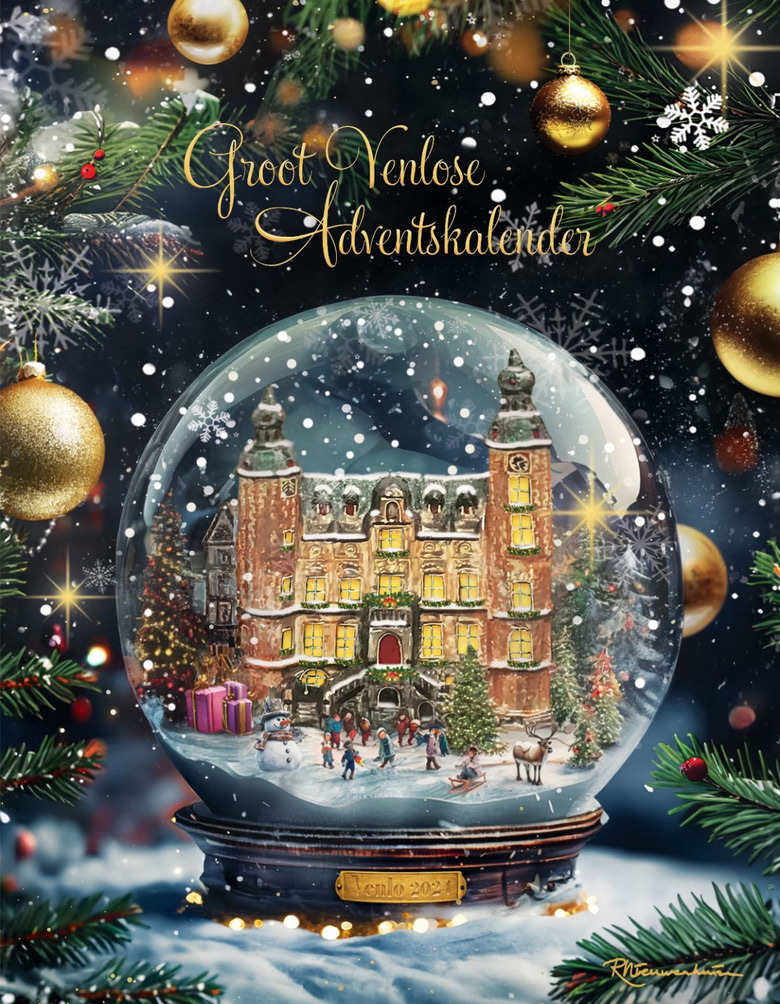 Original Groot Venlose Adventkalender 2024 design by Ramona Nieuwenhuisen, featuring Venlo town hall in a snow globe