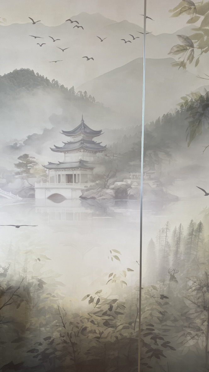 Detail of Miyabi’s temple, birds and mist-covered mountains