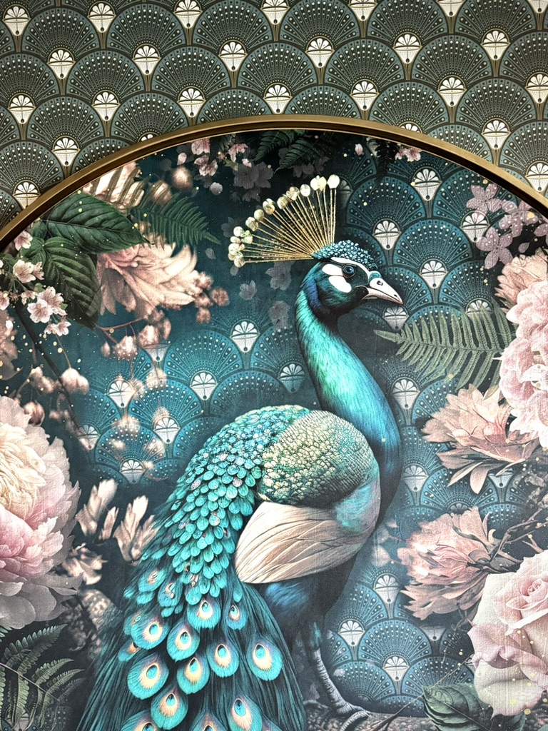 Close-up of Pavone’s peacock, floral details and velvet surface