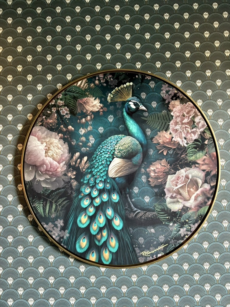 Complete round Pavone peacock artwork in a gold frame against the matching Bar Ello wallpaper