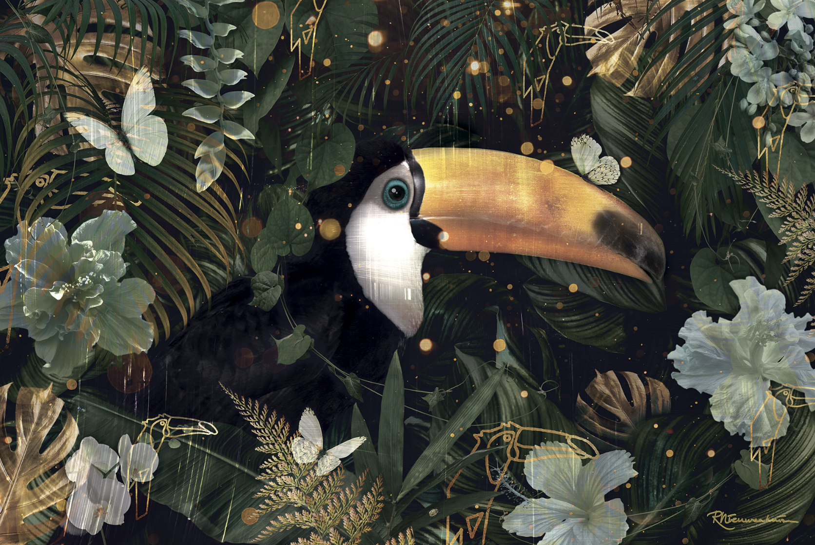 Toekan artwork with tropical foliage, white flowers and gold accents
