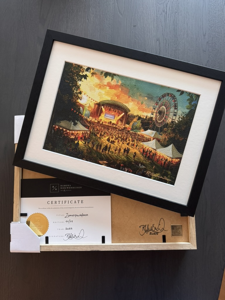 Framed Zomerparkfeest artwork with its certificate of authenticity and signed reverse