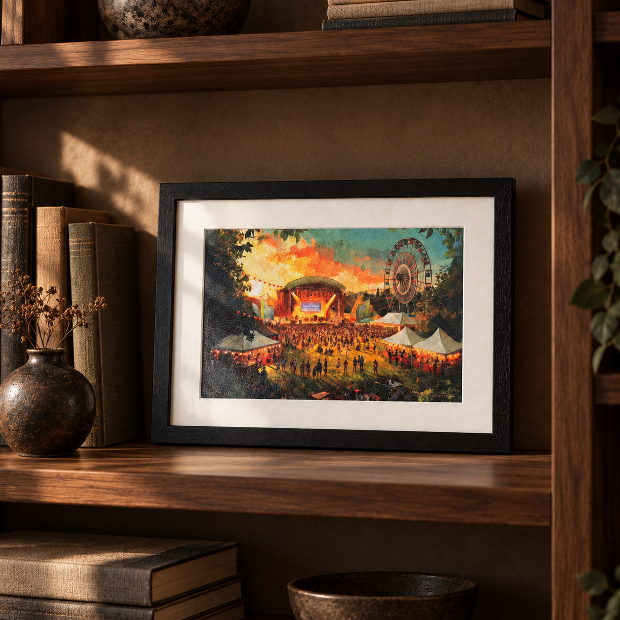 Zomerparkfeest artwork in a dark walnut cabinet, interior visualization