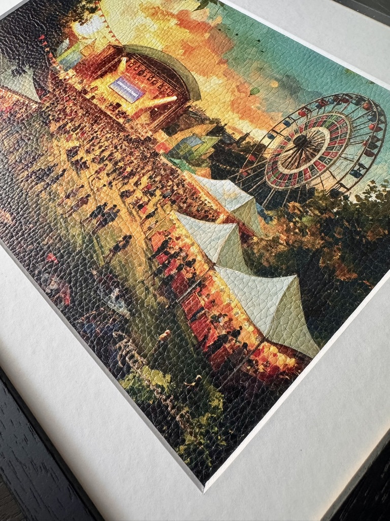 Close-up of the Zomerparkfeest scene showing the stage, Ferris wheel and textured leather surface